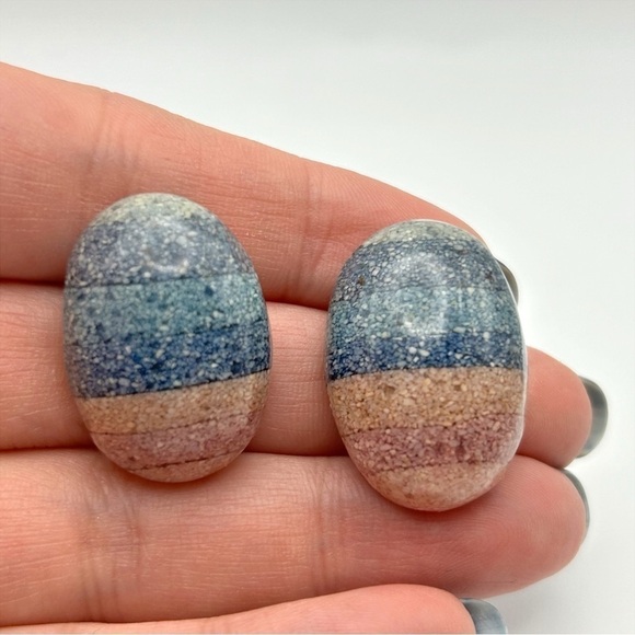 Vintage 3D Chunky Layered Pink and Blue Round Egg Pierced Stud Earrings - Picture 1 of 7